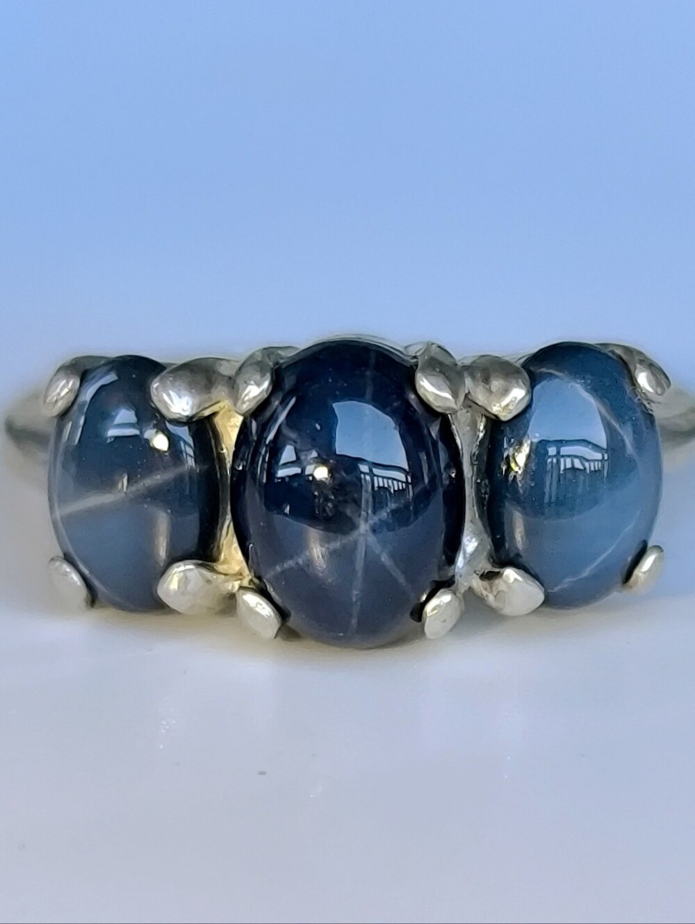 Three Natural Blue Star Sapphires In Sterling Silver Ring 3.42ct. Size 6
